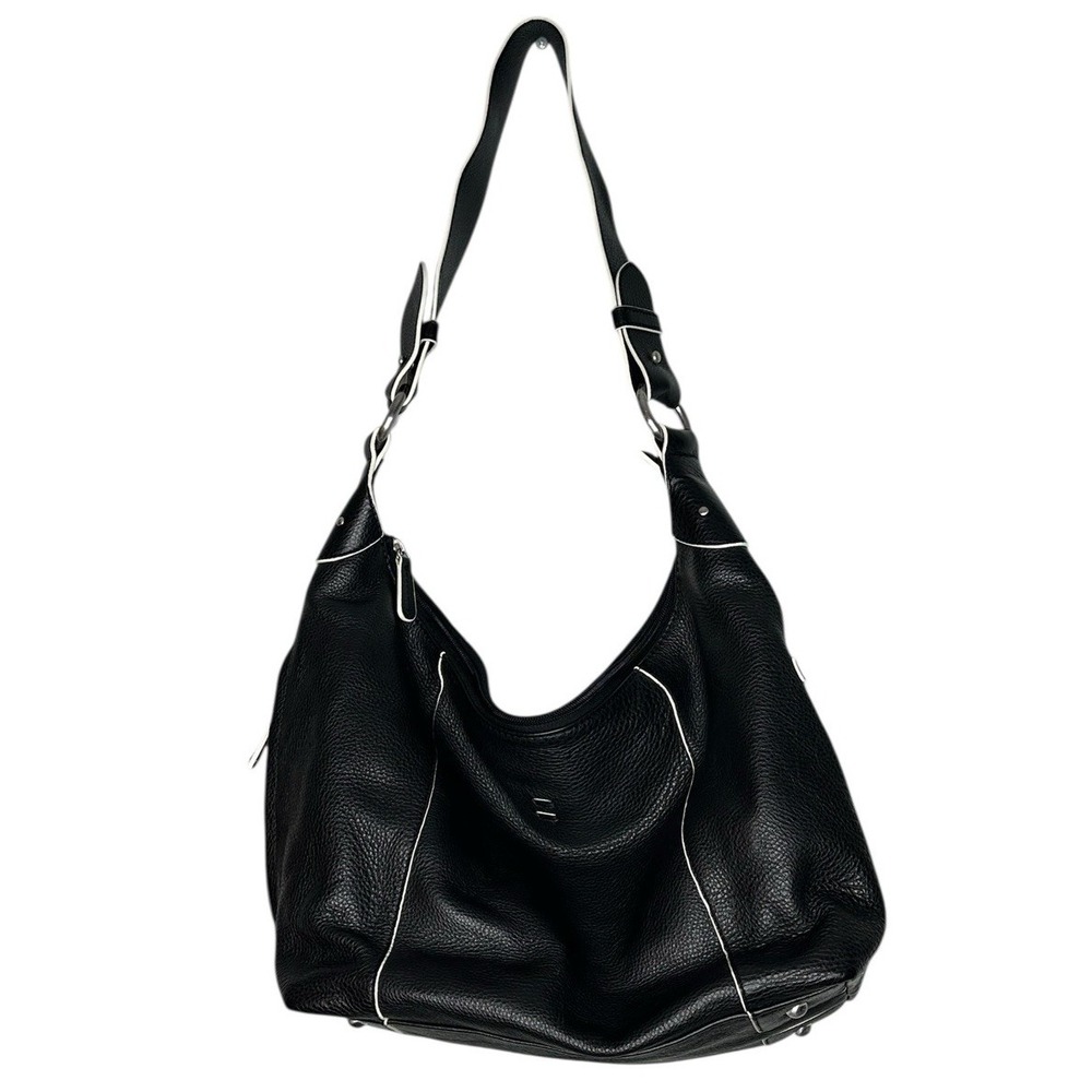Ellington Black Pebbled Leather Shoulder Bag Large White Trim Crossbody Strap
